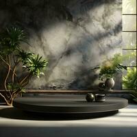 3d render of black and gold pedestal podium on background with neon stage light abstract minimal concept decorate with plant, blank space luxury minimal clean design AI Generative photo