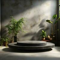 3d render of black and gold pedestal podium on background with neon stage light abstract minimal concept decorate with plant, blank space luxury minimal clean design AI Generative photo