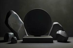 Futuristic dark room with stone floor, 3d render. AI Generative Illustration. Podium for product shoot. photo
