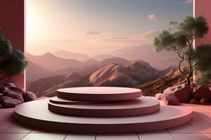 3D realistic podium for product shooting with a lot of space to put a product with Abstract scene concept AI Generative Illustration. photo