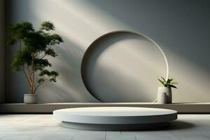 3d render of white round podium on the wooden floor in the modern room. AI Generative Illustration. Podium for product shoot. Minimal Display for product. photo