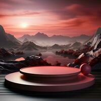 3d render, abstract minimal scene with round podium and mountains in the background AI Generative Illustration. Podium for product shoot. photo