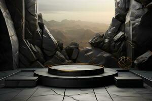 Futuristic dark room with stone floor, 3d render. AI Generative Illustration. Podium for product shoot. photo