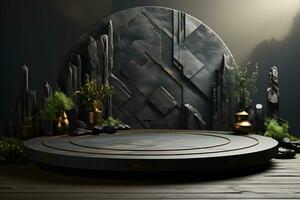 Futuristic dark room with stone floor, 3d render. AI Generative Illustration. Podium for product shoot. photo