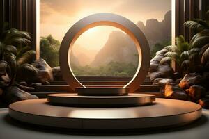 3D realistic podium for product shooting with a lot of space to put a product with Abstract scene concept AI Generative Illustration. photo
