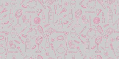 vector pattern with cosmetics and perfumes on a gray background in cartoon style, doodle.