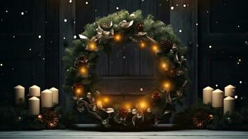 AI Generative Christmas wreath with candles on a wooden table. Bokeh background. photo