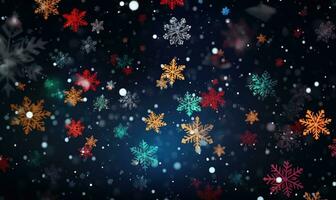 Ai generated Colored snowflakes on dark background. Christmas background concept. photo