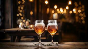 AI Generative Two glasses of beer on wooden table with Christmas lights. bokeh background. Little pine branch on the table. photo