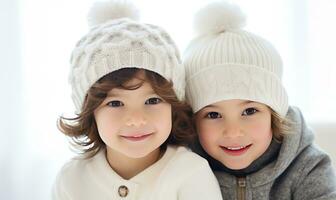 dos niños en invierno guirnalda sonriente juntos. familia concepto ai generado foto