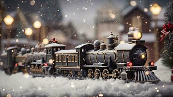 AI Generative Christmas toy train in the snow. Christmas and New Year background. photo