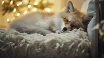 Cute little fox sleeping on sofa in room with Christmas tree and lights Ai generated photo