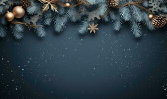 Ai generated Christmas background. Spruce branch and snowflakes frame. Space for text. photo