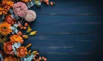 Ai generated Autumn flowers frame on wooden background. Seasonal yellow and red flowers. Autumn background. Space for text. photo