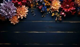 Ai generated Autumn flowers frame on wooden background. Seasonal yellow and red flowers. Autumn background. Space for text. photo
