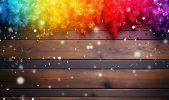 Ai generated Rainbow colored crystals on wooden background. Snowflakes. Space for text. photo