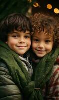 Two kids smiling together. Winter season. Sunset light. Ai generated photo