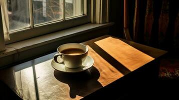 AI Generative Cup of coffee on the window sill in the morning light. photo