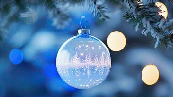 AI Generative Blue Christmas decoration hanging on a tree branch with bokeh background photo