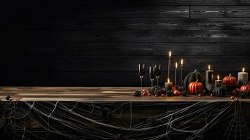 AI Generative Pumpkins and a candle on wooden background. Autumn still life. Halloween background. photo