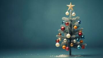 Navidad árbol con regalos en el antecedentes de un oscuro gris pared. espacio para texto. borroso luces. ai generativo foto