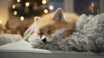 Cute little fox sleeping on sofa in room with Christmas tree and lights Ai generated photo