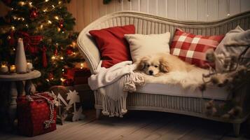 Cute dog sleeping on sofa in room with Christmas tree and lights Ai generated photo