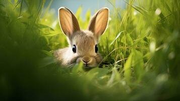 AI Generative Cute little rabbit in green grass. Easter bunny in the grass. photo