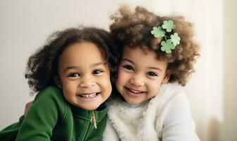 dos niños en invierno guirnalda sonriente juntos. familia concepto ai generado foto