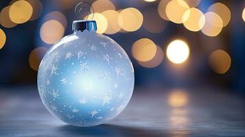 AI Generative Blue Christmas ball on wooden background with bokeh lights. photo