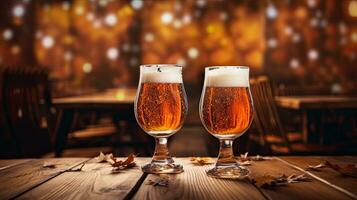 AI Generative Two glasses of beer on a wooden table with bokeh lights in the background. Autumn dry leaves on the table. photo