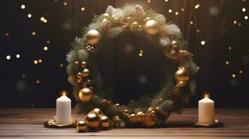AI Generative Christmas wreath with candles on a wooden table. Bokeh background. photo