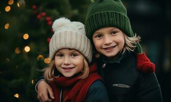 dos niños sonriente juntos. invierno estación. puesta de sol ligero. ai generado foto