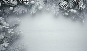 Ai generated Christmas background. Spruce branch and snowflakes frame. Space for text. photo