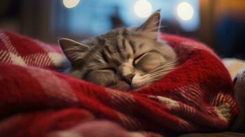 Ai generated Cute cat sleeping on sofa at home, closeup. Lovely pet photo