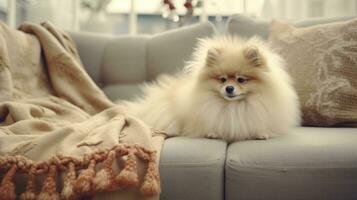 Ai generated Cute Pomeranian dog on sofa in room decorated for Christmas photo