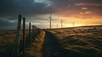 Photo of a picturesque sunset with a group of windmills on a hill. ai generative