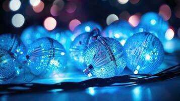 AI Generative Christmas lights on a blue background with bokeh effect. Christmas background. Closeup view with depth of filed. photo