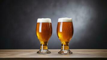 AI Generative Two glasses of beer on a wooden table and dark background photo