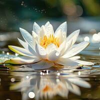 AI Generative Beautiful white water lily with dew drops on the water surface photo