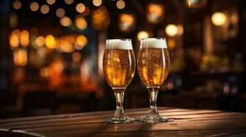 AI Generative Two glasses of beer on a wooden table in a pub. Bokeh lights on background. photo
