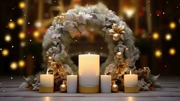 AI Generative Christmas wreath with candles on a wooden table. Bokeh background. photo