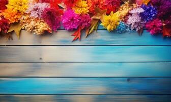 Ai generated Autumn flowers frame on wooden background. Seasonal yellow and red flowers. Autumn background. Space for text. photo