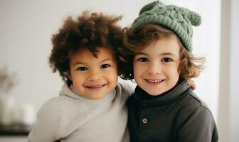 Two kids in winter wreath smiling together. Family concept. Ai generated photo