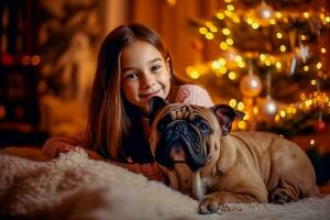 girl with a bulldog near a glowing Christmas tree photo