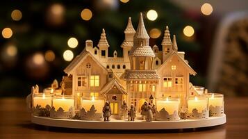 Lantern shape town miniature with candles. Coziness home decorations for the Christmas holidays. AI Generative photo