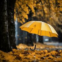 amarillo paraguas debajo lluvia en otoño parque. otoño temporada viene concepto. ai generativo foto