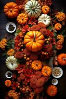 Pumpkin and flowers with seeds on table from above. AI Generative photo