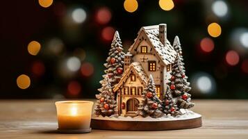 Decorative miniature house with Christmas trees in snow with candle. Coziness home decorations for the Christmas holidays. AI Generative photo