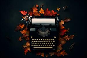 Typewriter with fall autumn leaves on a dark background top view. AI Generative photo